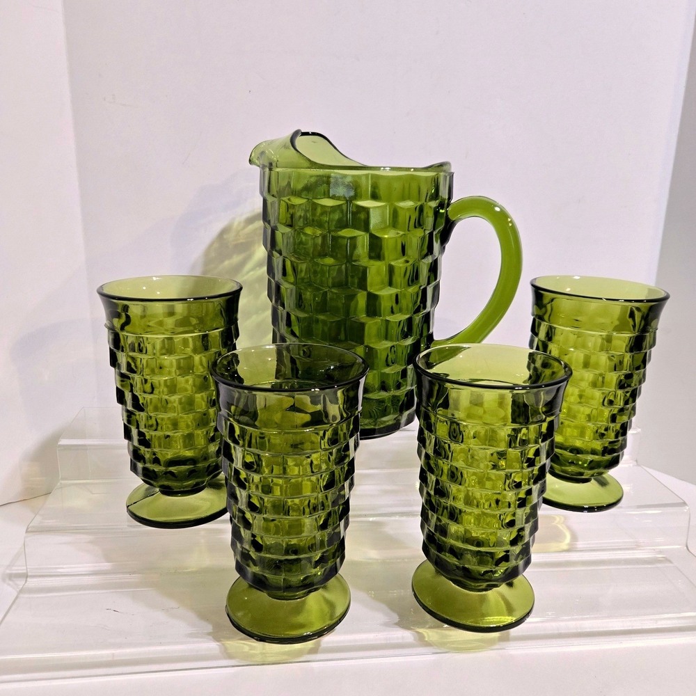 Vtg Indiana Glass Whitehall Cubist Pitcher Iced Tea Glasses Avocado Green MCM